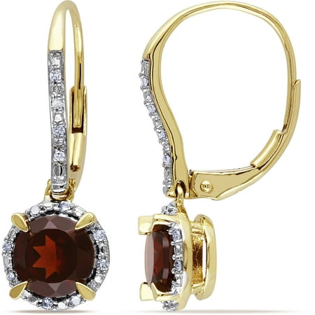 2 Carat T.G.W. Garnet and Diamond-Accent 10kt Yellow Gold Leverback Halo Earrings