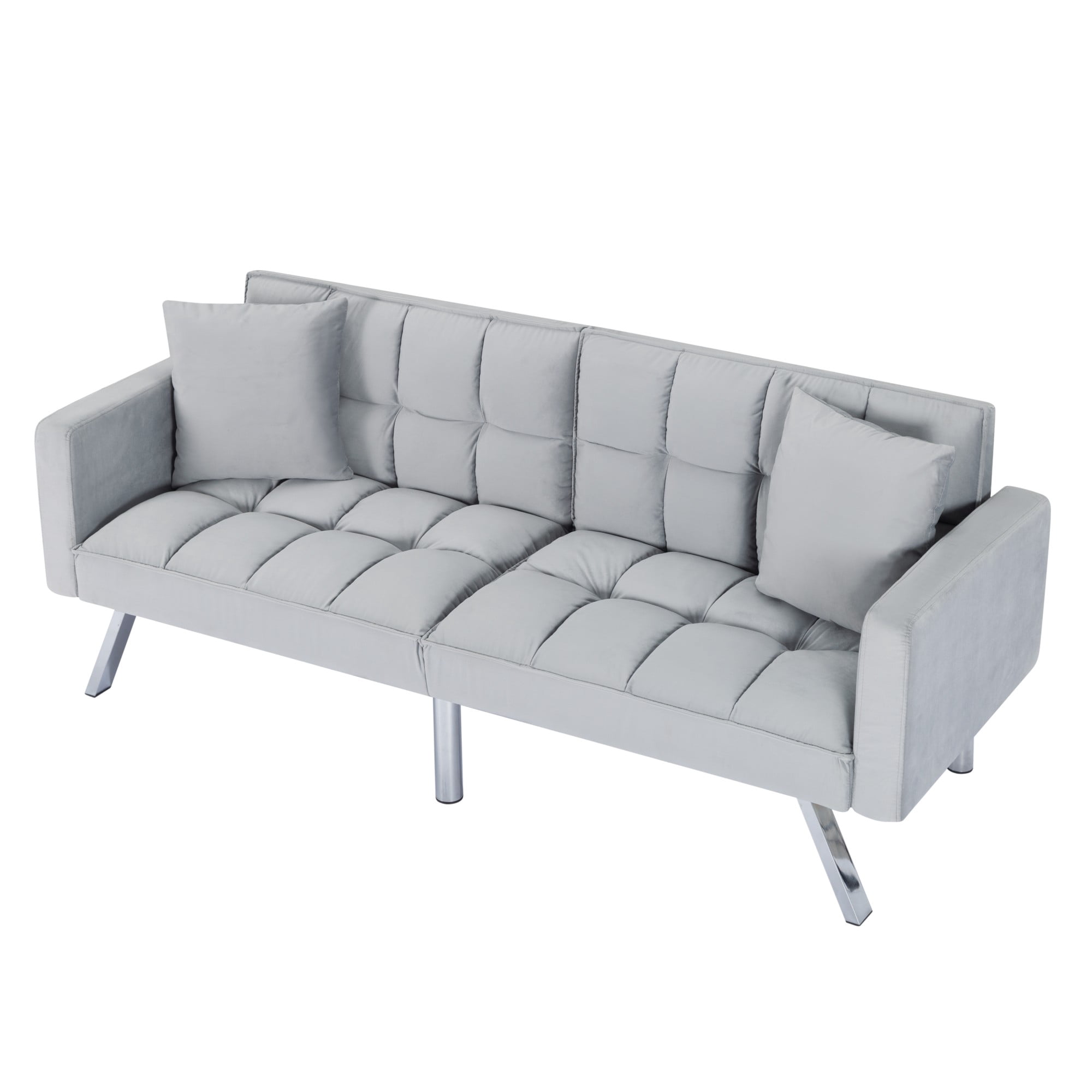 Gewnee 74"Velvet Upholstered Modern Convertible Futon, Adjustable Folding Sofa Bed, Guest Bed for Living Room Bedroom (Gray)
