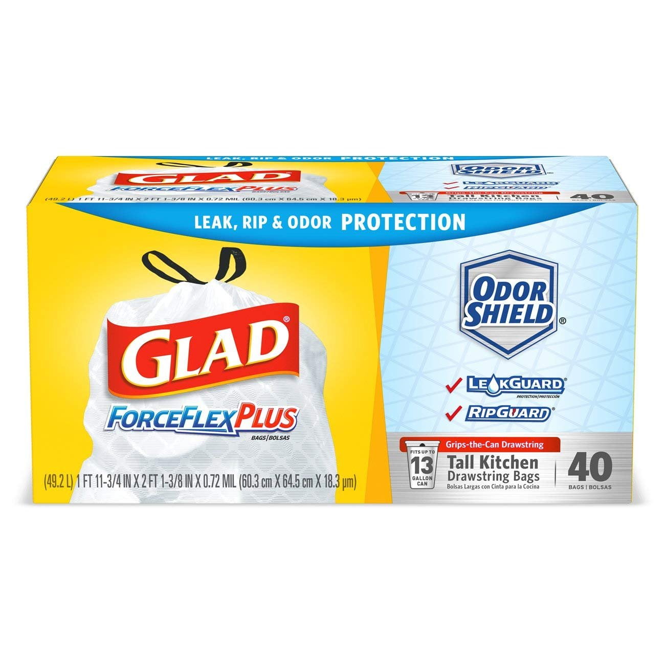 Clorox Glad ForceFlexPlus OdorShield Tall Kitchen Drawstring Trash Bags, 13  gal, 0.9 mil, 24 x 28, White, 204/Carton, CLO70320