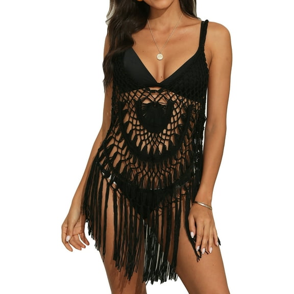 SWSMCLT Beach Swimsuit Coverup for Women Sheer See Through Net Lace Bikini Swim Bath Suit Bathing Suit Cover Ups Summer Pool Crochet Flowy Fringe Tassel Sleeveless Black Small-Large