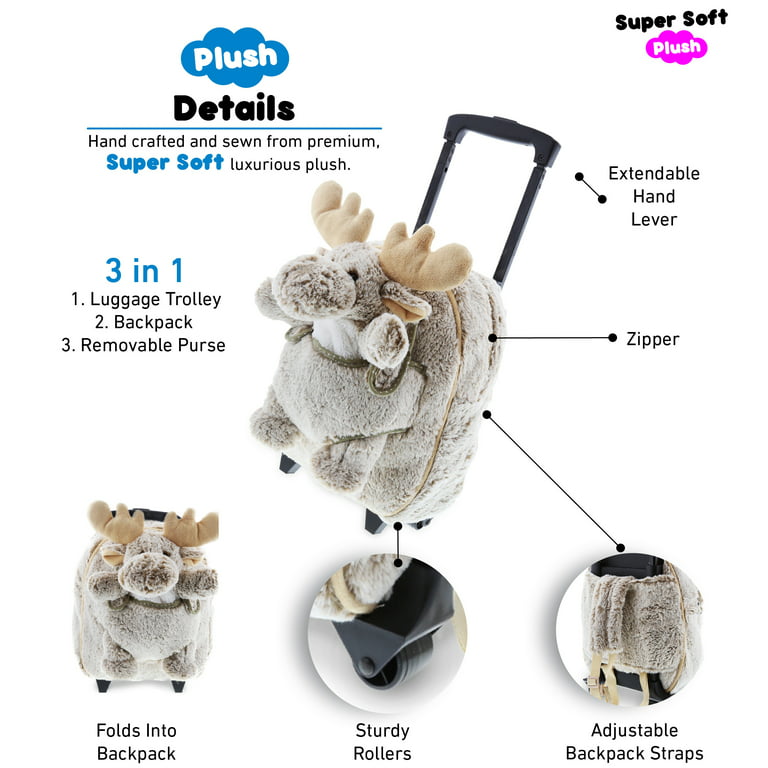  DolliBu Moose Plush Trolley & Purse Set - 3-in-1 Kids Trolley,  Backpack, & Brown Moose Purse, Soft Plush Backpack on Wheels, Rolling Bag  with Removable Plush Toy Purse - 15