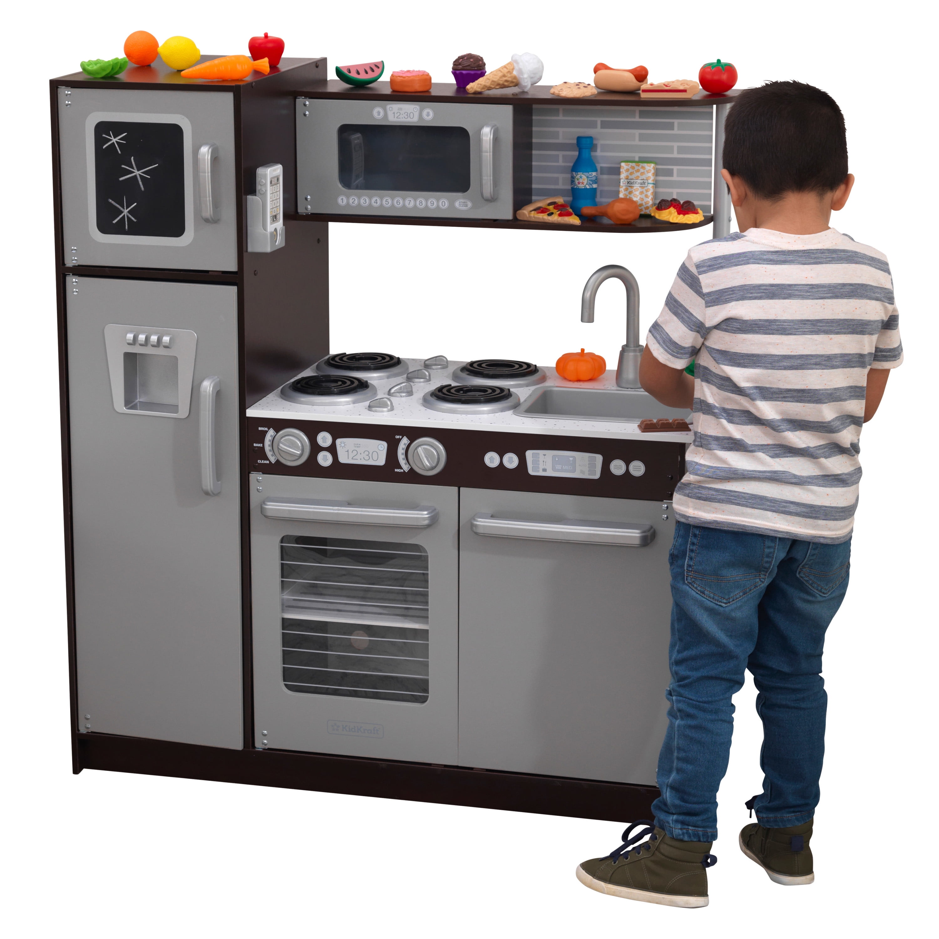 Espresso/Gray Basics Kids Corner Wooden Kitchen Playset with Interactive Doors Knobs and Lights 39 x 28 x 35 Inches 