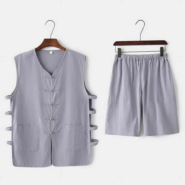 RWJDXD WUJS Chinese Style B25 Vest 2023 Summer New Men‘s Linen Short Sleeve Shorts Buckle Solid Color Hanfu Suit Batch LZDXD