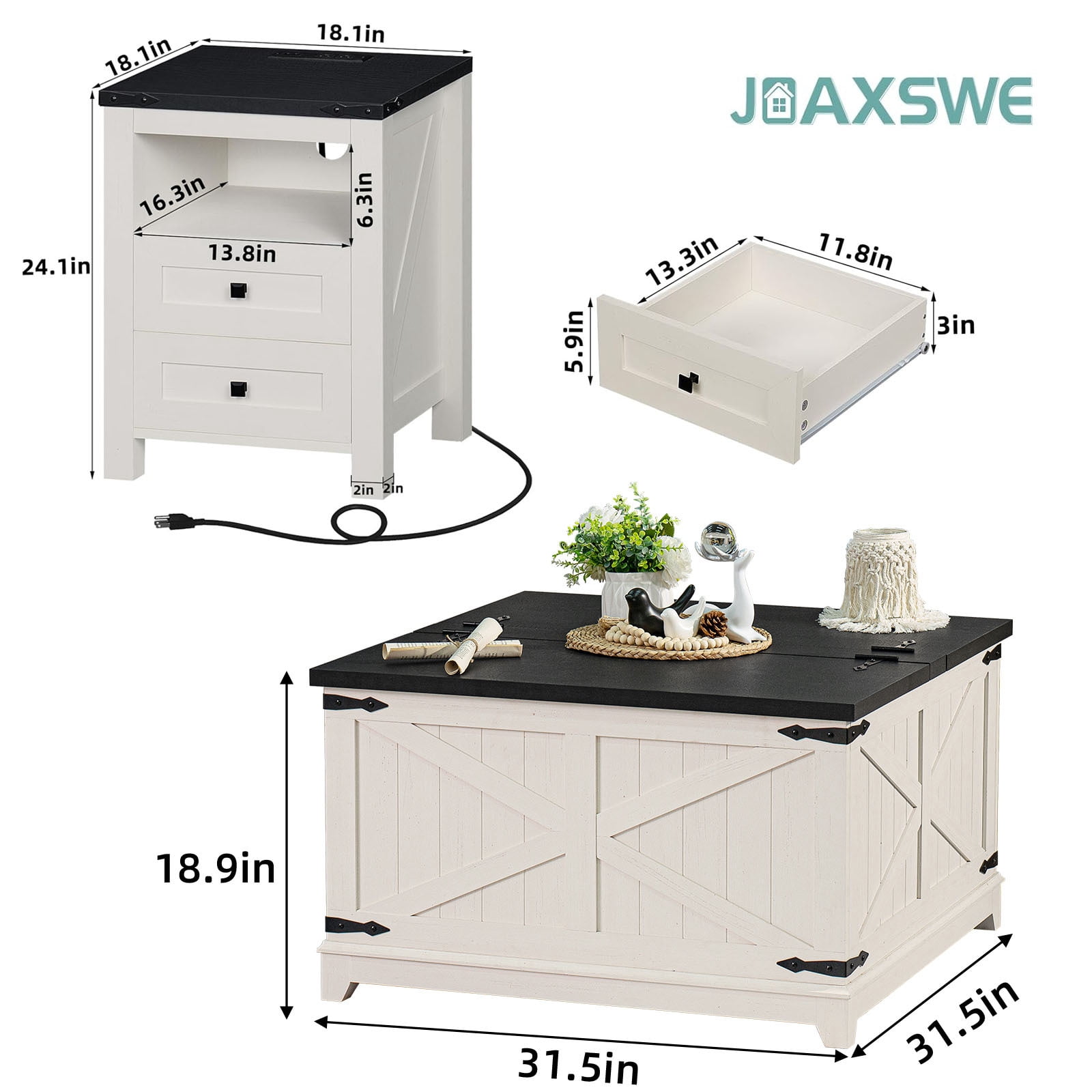 Joaxswe 3 Pieces Farmhouse Living Room Table Sets, 31.5" Coffee Table & 2 End Tables with Charging Station, White
