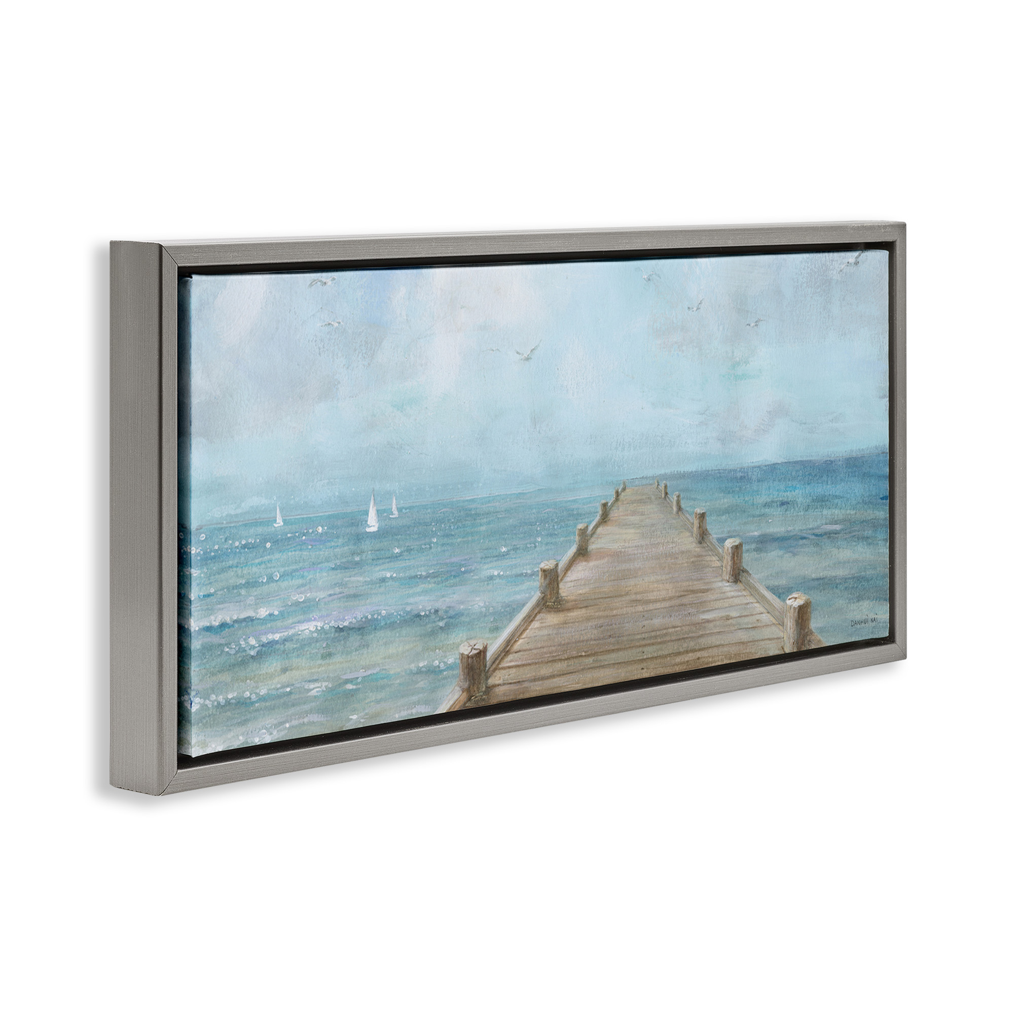 Stupell Industries Waterfront Pier Coastal Ocean View Nature Painting Gray Floater Framed Canvas Art Print Wall Art, 25 x 11