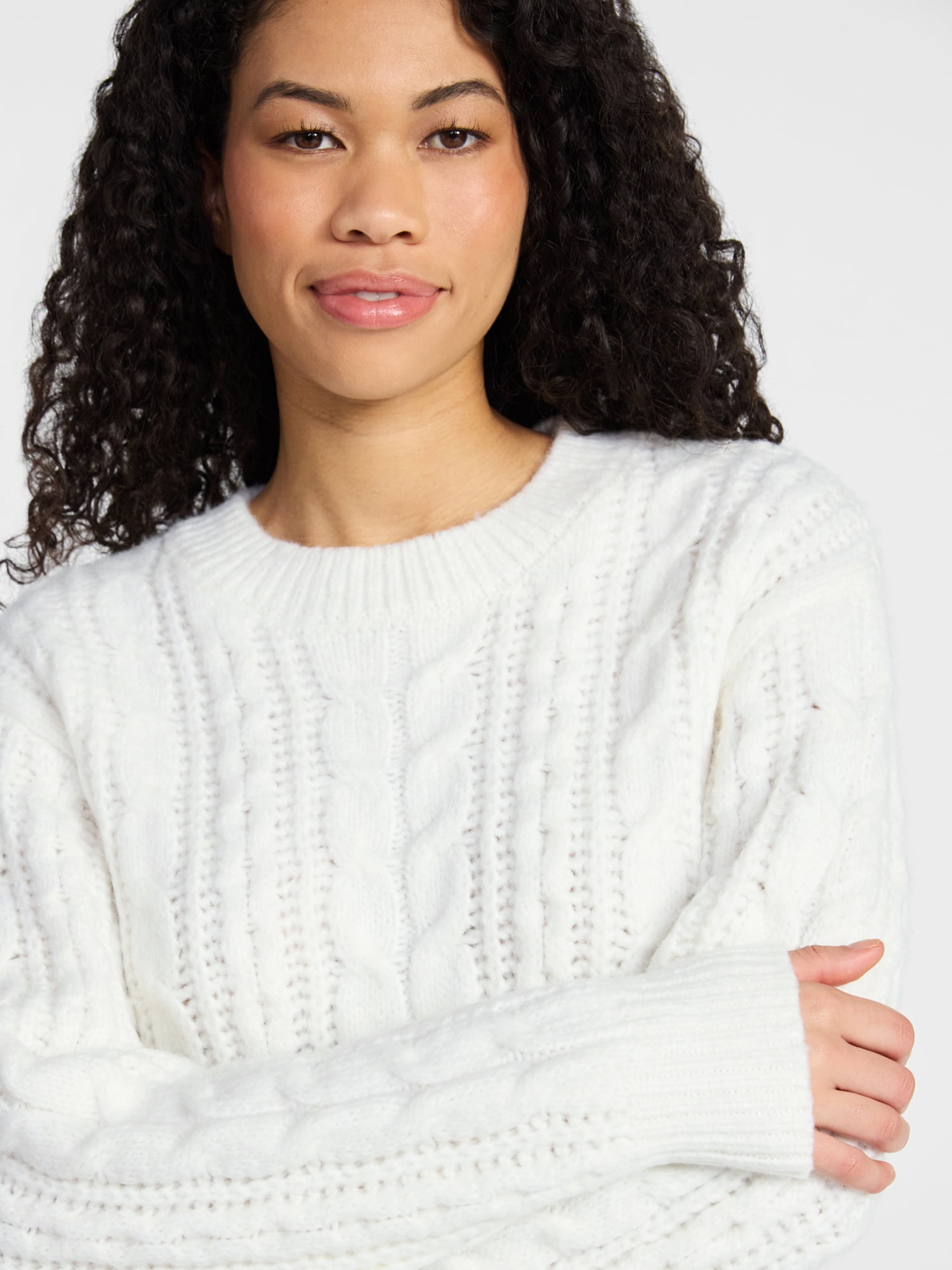 No Boundaries Cable Crewneck Drop Shoulder Sweater, Midweight, Women's XXS-XXL