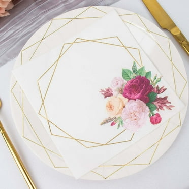 Efavormart 20 Pack | 2 Ply Soft White / Gold Hexagon Frame Floral Paper Napkins, Wedding Dinner Cocktail Beverage Napkins