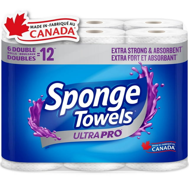 SpongeTowels UltraPRO paper towel pack containing 6 double rolls equivalent to 12 regular rolls, featuring extra strong and absorbent sheets with Choose-A-Size option, made in Canada.