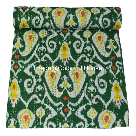 Handmade Kantha Quilt, Ikat Pattern with Colorfull Accents, Traditional Indian Blanket, Bedspread ( Single 60" x 90" )