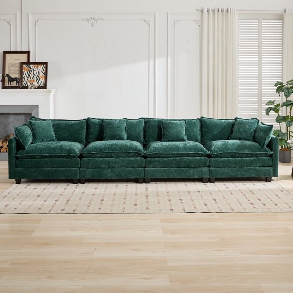 FFZ 4-Seat Cloud Sectional Sofa with Double-Layer Cushions, Breathable Chenille Fabric, Green