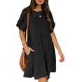thumbnail image 1 of Femmes Été Casual Twist Noeud Manches Courtes Soufflé Dresses Plissée Robe Balançoire avec Poches, 1 of 8