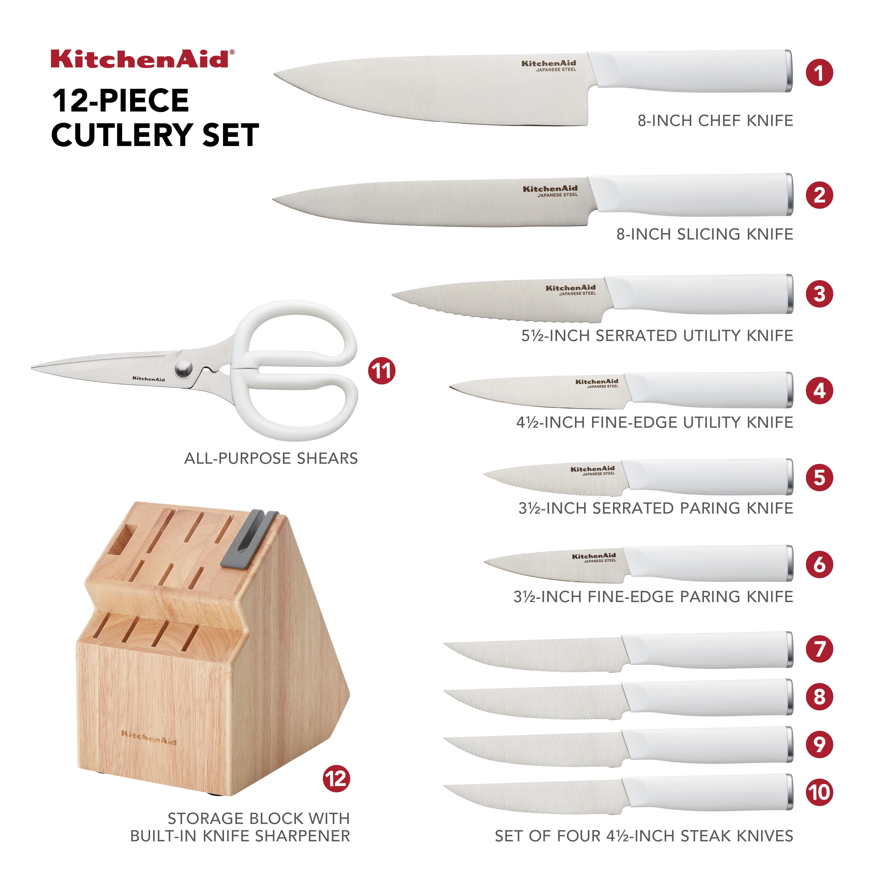 Kitchenaid Classic 15-piece Knife Block Set with Built-In Sharpener, Natural