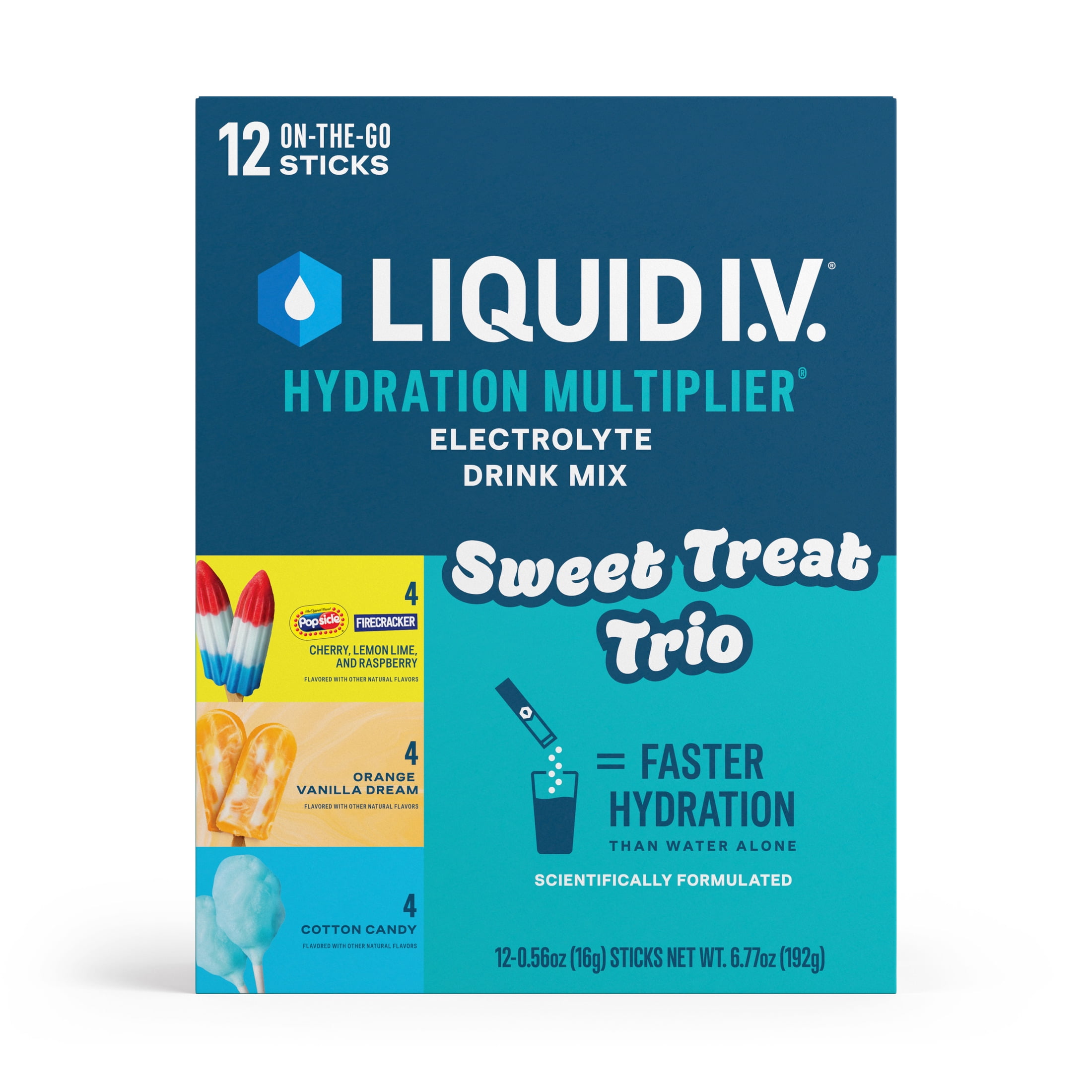 (8 pack) Liquid I.V.® Sweet Treat Trio Popsicle Firecracker, Orange Vanilla Dream, and Blue Cotton Candy Hydration Multiplier® Powdered Electrolyte Drink Mix, 12 Count Packets