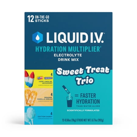 Liquid I.V.® Sweet Treat Trio Popsicle Firecracker, Orange Vanilla Dream, and Blue Cotton Candy Hydration Multiplier® Powdered Electrolyte Drink Mix, 12 Count Packets