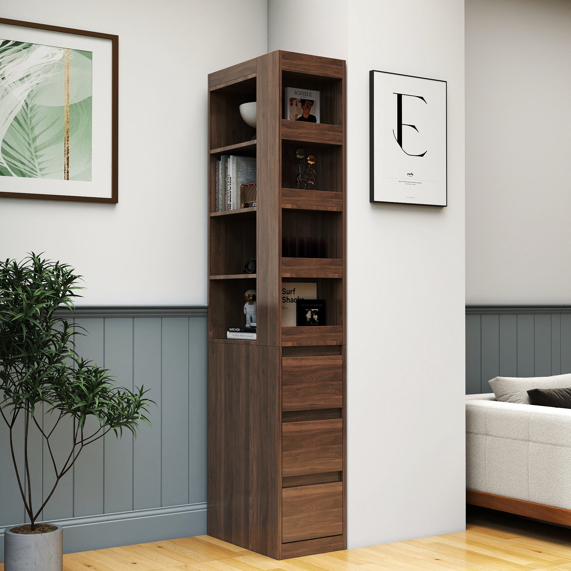 Mintazer 70" Tall Display Storage Cabinet with Drawers, 4 Tier Bookcase with 8 Open Shelf for Living Room Bedroom Kitchen Office, Walnut