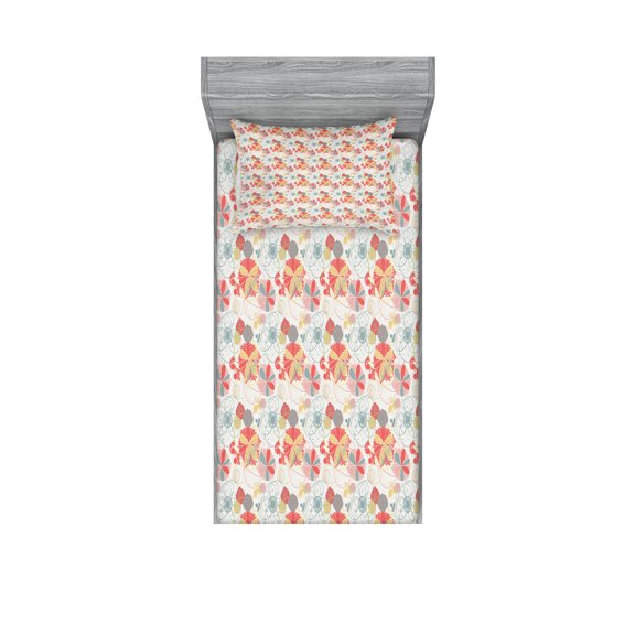 Ambesonne Floral Fitted Sheet & Pillow Sham Set, Retro Warm Colored Fall, Twinxl, Coral Yellow Grey