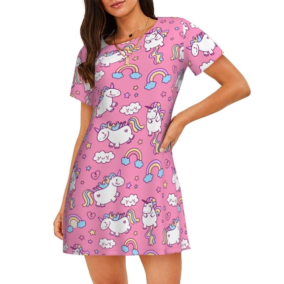 Cloud Rainbow Cute Unicorn Women'S Nightgown Sleepwear Short Sleeves Nightshirt Loose Comfy Pajama Large