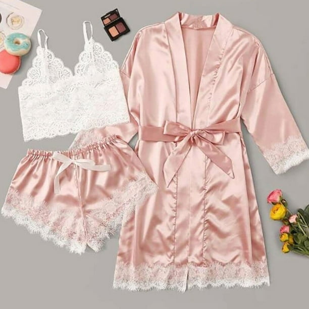 Conjunto de pijama de satén con encaje Floral para mujer, ropa de dormir con bata de 4 piezas, Sexy, de seda sintética, informal, para el hogar