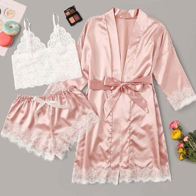 Ropa de dormir para mujer, 4 Uds., conjunto de pijama de satén con ribete de encaje Floral con bata, Pijamas de seda sintética Sexy, conjuntos de bata, ropa informal para el hogar, ropa de dormir xuanjing unisex