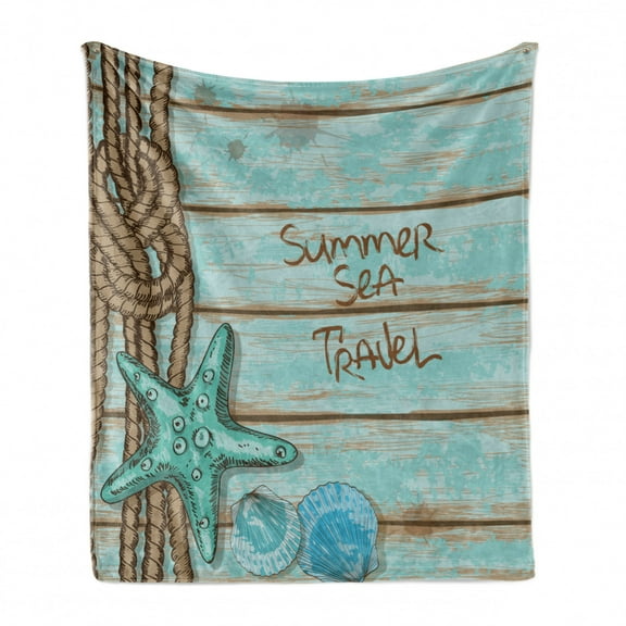 Starfish Soft Flannel Fleece Throw Blanket, Summer Season Sea Travel Retro Boards of Ship Deck Rope Scallops, Cozy Plush for Indoor and Outdoor Use, 50" x 60", Mint Green Turquoise, by Ambesonne