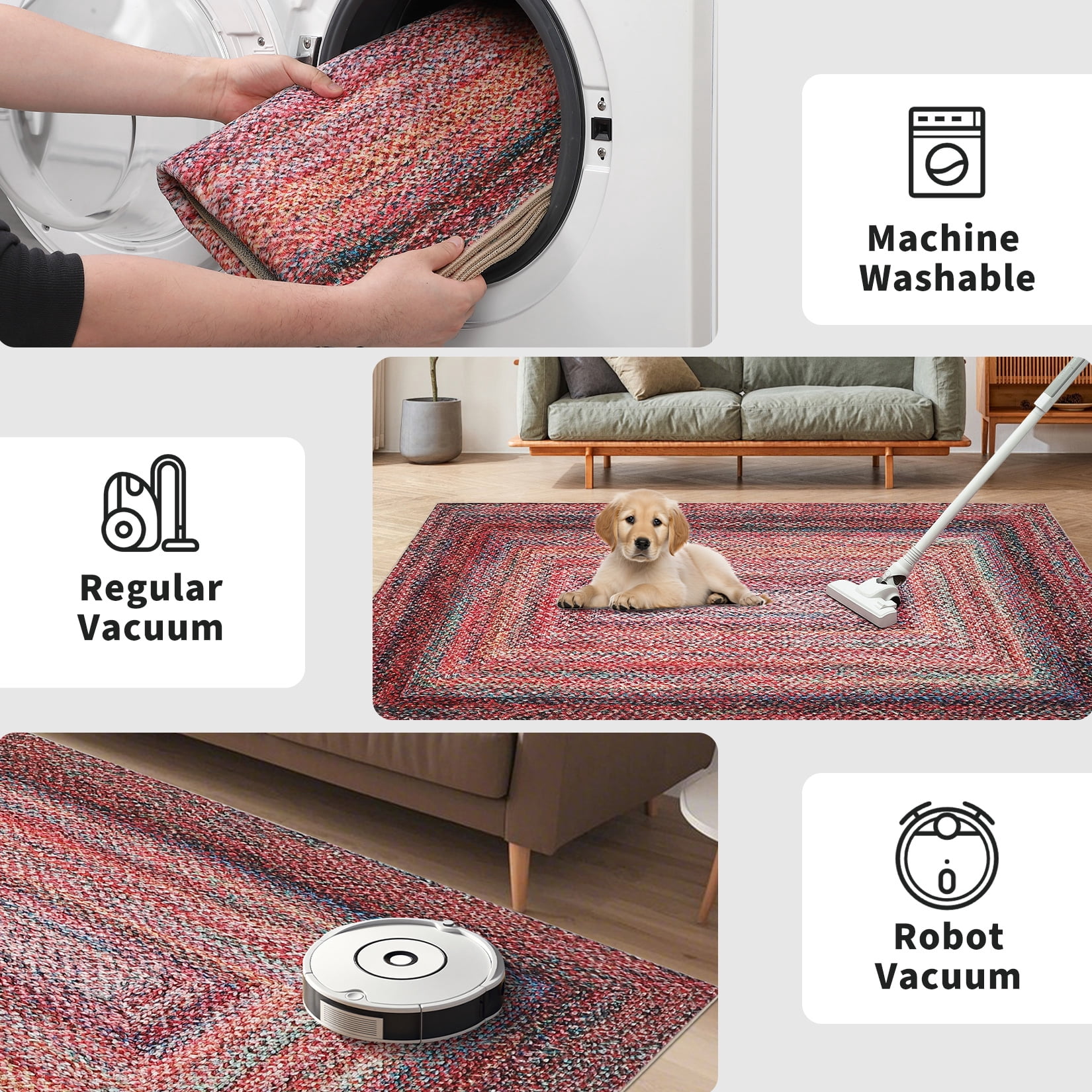 HOMERRY Washable Large Rug for Living Room 8' x 10' Braided Print Modern Bordered Soft Non-Slip Indoor Carpet, Pink