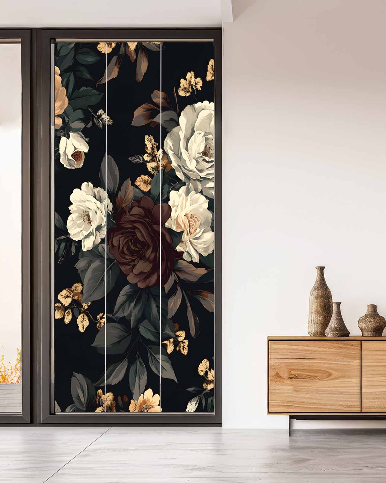 Window Privacy Film Vintage Black Floral Stained Glass Window Film Decorative Sun Block Window Cover Spring Seasonal Botanical Blooms Window Clings Static Adhesive Sticker for Bathroom 35.4"x78.7"