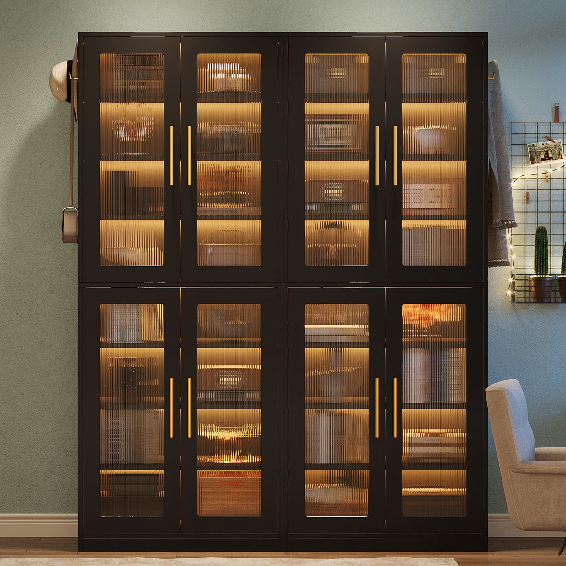 Fnova 66.93" Bookcase with Doors, 8 Tier Storage Cabinet with LED Lights for Living Room, Bedroom, Study, Black