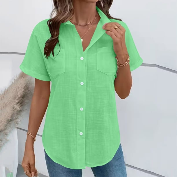 TaTaai Women's Casual V-Neck Top Short Sleeve Button Front Solid Color Blouse Soft Lightweight Comfy Spring Summer Daily Beach Wear Gift
