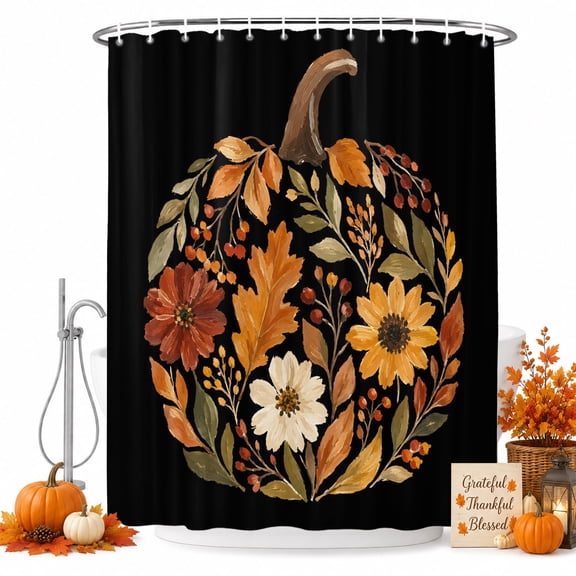 Thanksgiving Shower Curtain, Waterproof Shower Curtains for Bathroom, Fall Abstract Leaves Pumpkin Autumn Black Washable Fabric Bathtub Curtain Set Bath Decor with 12 Hooks Long 72"x84"