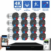GW Security 16 Channel NVR UltraHD 4K Full-Time Color Night Vision PoE Security Camera System with (16) 8MP Two-Way Audio PoE Outdoor Cameras, AI Human & Cars Detection with Alarm Lights
