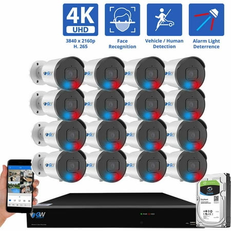 GW Security 16 Channel NVR UltraHD 4K Full-Time Color Night Vision PoE Security Camera System with (16) 8MP Two-Way Audio PoE Outdoor Cameras, AI Human & Cars Detection with Alarm Lights
