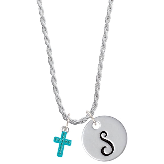 Delight Jewelry Silvertone Small Teal Crystal Cross Silvertone Script Initial Disc - S - Charm Necklace, 20"+3"