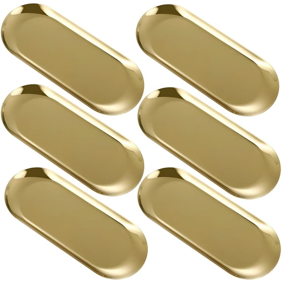 6 Pcs Gold Decorative Trays, Stainless Steel Trays for Storage, Small Oval Serving Trays, 7.09 in x 3.35 in, Perfume Trays for Jewelry, Cosmetics, Bathroom, and Dining Table