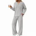 thumbnail image 2 of felwors Women 2 Piece Pajamas Sets Long Sleeve Casual Ribbed Lounge Set Fall Pj V Neck Loungewear Outfit Grey, XS, 2 of 8