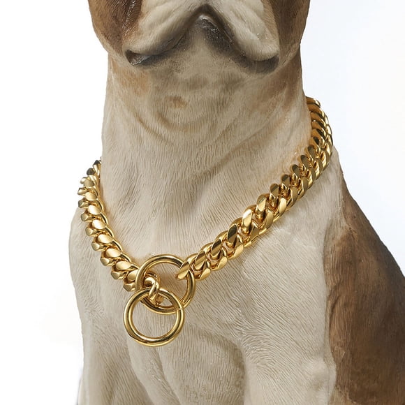 Golden Cuban Style Pet Collar Necklace - 10mm Stainless Steel & Titanium Chain for Small to Medium Dogs/Cats, 18-inch Length (Fits 14-inch Neck), Durable, Easy to Wear, Multi-Purpose Pet Accessory