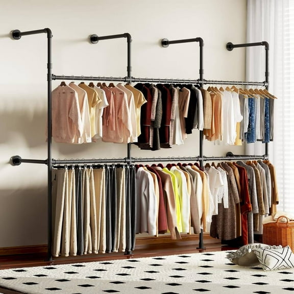 Yeeoy Industrial Pipe Clothing Rack, Reversible 118.3'' Wall Mounted Garment Rack for Hanging Clothes, Walk-in Closet System, Black, 1000 lbs Capacity