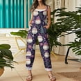 thumbnail image 5 of Women's Christmas Printed Cotton Linen Jumpsuit - Casual Loose Retro Overalls With Pockets, Dark Purple Size XXL, 5 of 7
