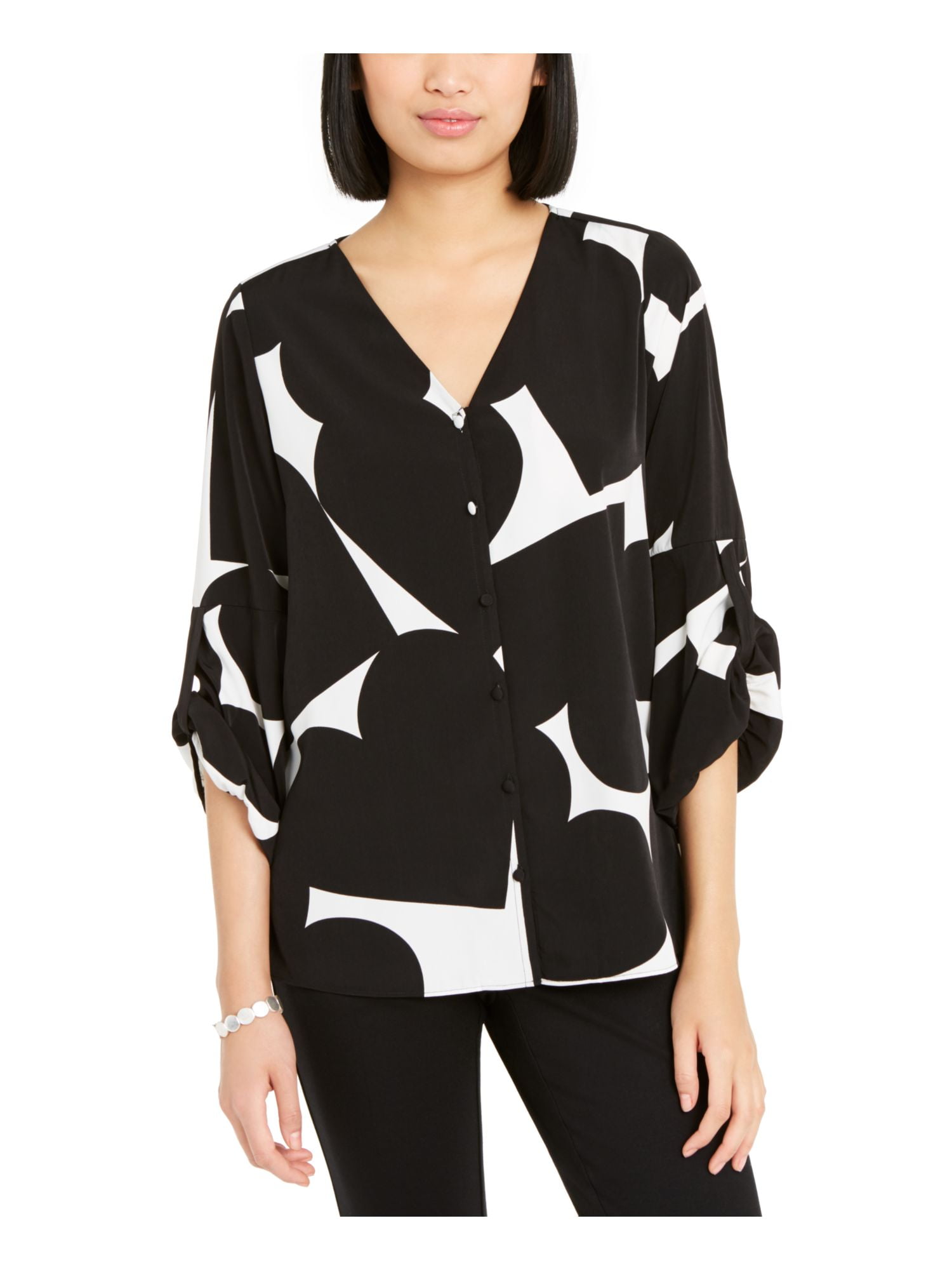 Alfani - ALFANI Womens Black Gathered Printed 3/4 Sleeve V Neck Button