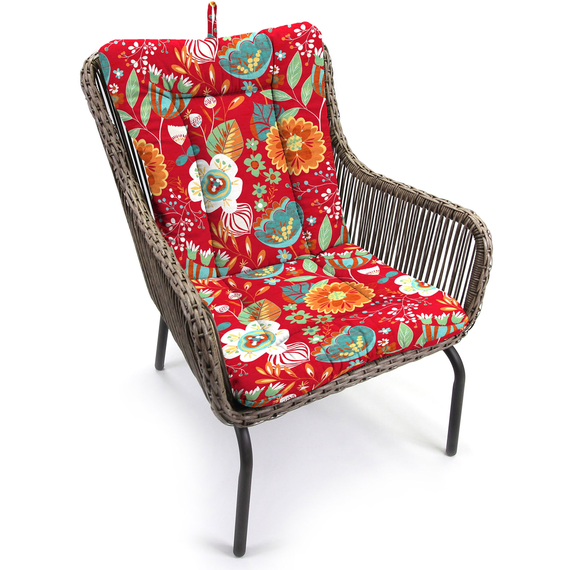 Jordan Manufacturing 38" x 21" Avianna Saxony Red Floral Rectangular Outdoor Wrought Iron Chair Cushion with Ties and Hanger Loop