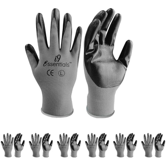 i9 Essentials™ Multi-Purpose Work Gloves Large Seamless - Nitrile-Coated Safety Gloves for Men - Lightweight Safety Gloves for Woodworking, Gardening, Construction Work Gloves Pairs - Grey, 6 Pairs