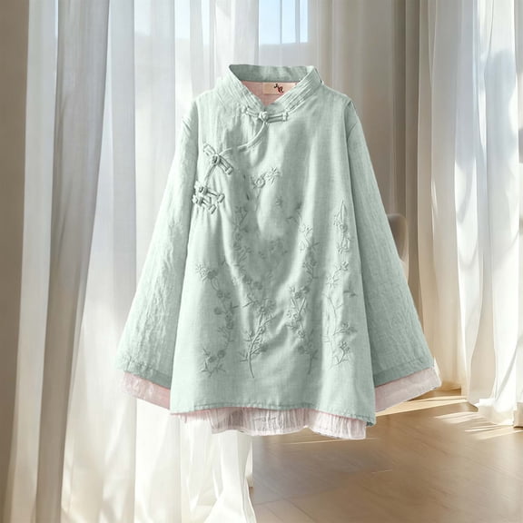Heisall Women's Long Sleeve Tops Mandarin Collar Frog Button Floral Embroidery Loose Fit Casual Tops Soft Cotton Linen Spring Fall Outfits