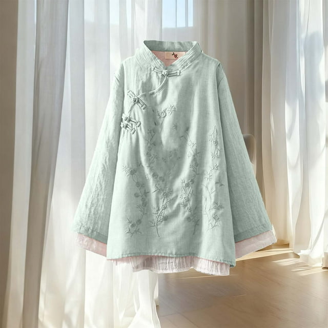 Ailaofu Women's Linen Shirts Artsy Retro Chinese Style Frog Button Tops Blouse Long Sleeve Tops