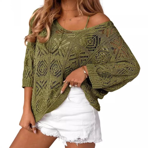 mfyjkho Tops De Gimnasio Para Mujer, Suéter De Crochet Ahuecado De Color Liso Para Mujer, Con Mangas De Un Cuarto Y Hombros Descubiertos Y Parte Superior Con Hombros Inclinados. M