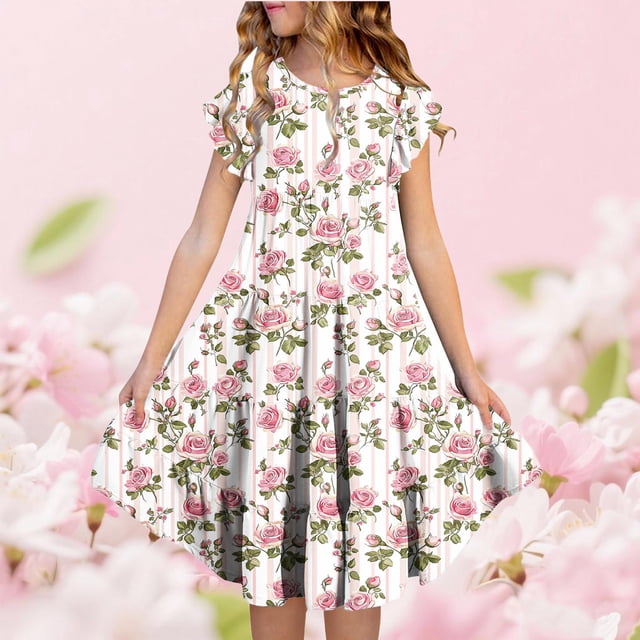 Zpanxa Robes d'Été pour Filles Manches Courtes Volantées Col Rond Imprimé Floral Taille Poche Robe Superposée Polyester Spandex Multicolore 6-7 Ans