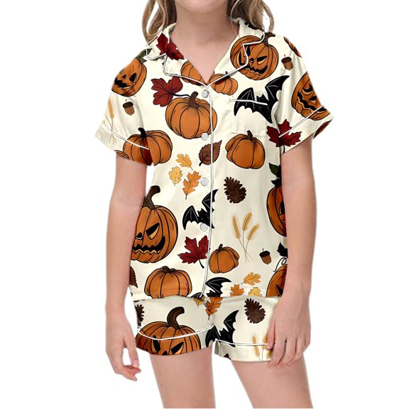JIAYUE Pajamas For Girls Pajamas Set Comfort Short Sleeve Cute Print Turndown Collar Buttons Tops And Elastic Waist Shorts For Relaxed Halloween Theme Home Loose Fit Sleepwear,8-9 Years
