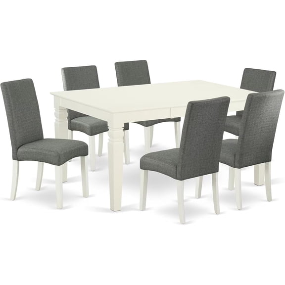 HomeStock 7 Piece Dining Set Consist of a Rectangle Dining Room Table with Leaf and 6 Gray Linen Fabric Upholstered Parson Chairs, 42x60 Inch, Linen White