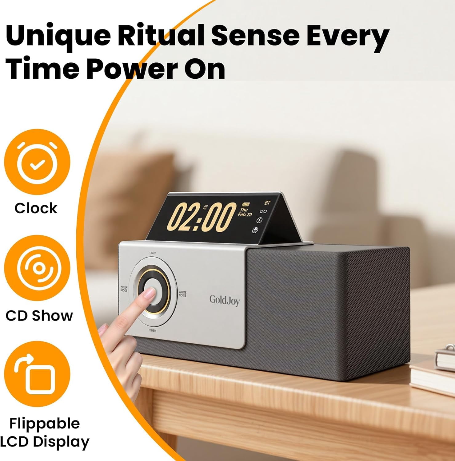 GoldJoy Flippable LCD Display Clocks, 7-in-1 Bluetooth Speaker, Wireless Charger, Sunset Lamp, White Noise, 4000mAh Battery