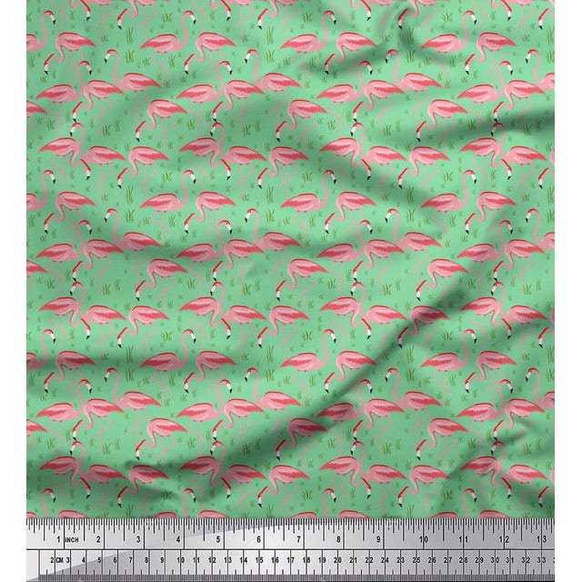 Soimoi Polyester Crepe Fabric Grass & Flamingo Bird Fabric Prints by Yard 42 Inch Wide