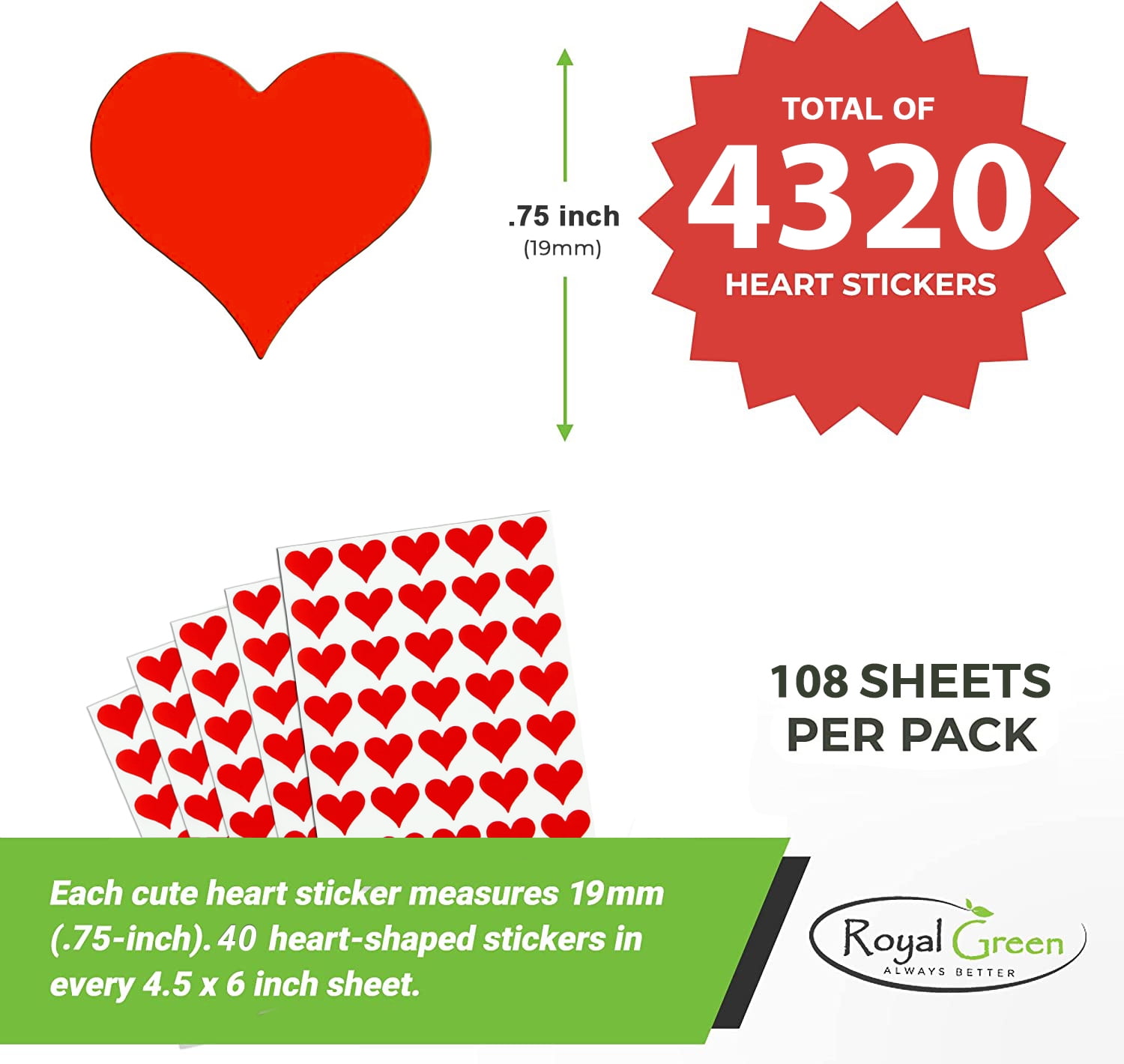 Valentine's Day Heart Stickers 3/4 inch Scrapbooking Sticker Sheets Love Embellishments Metallic Silver Labels 19mm - 4320 Pack by Royal Green
