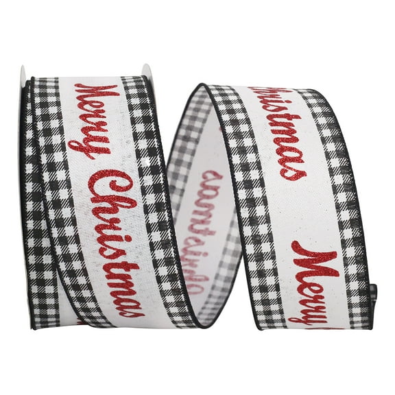 Reliant Ribbon - 93480W-984-40H, Merry Christmas Glitter Gingham Wired Ed Ribbon, Black/white, 2-1/2 Inch, 20 Yards